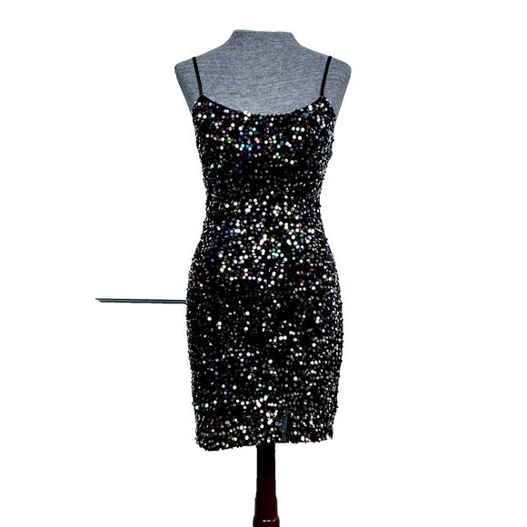 Sequin Black Velvet Mini Dress Pear Culture Slit Built-in Bra Junior Sz 1-2 NWT - Picture 1 of 12